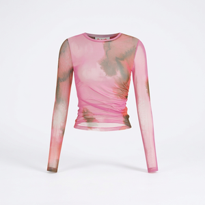 Haut court décontracté pour femme, style rétro vintage, coupe ajustée, printemps-été, à manches longues, en maille transparente, uni ou à imprimé floral tricoté - Product Image 1