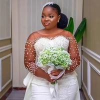 Robes de mariée sirène de luxe en perles grande taille avec traîne détachable, appliques en dentelle, manches longues, personnalisables