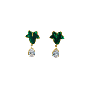 Fashion Drop <b>Earrings</b> Green Enamel Gold Plated <b>Crystal</b> Teardrop <b>Studs</b> Sustainable 316L Stainless Steel Resistant - Product Image 1