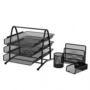 Office Desk Tidy 4 Piece Organiser Set - 3 Tier A4 <b>Filing</b> Tray Pen Pot Sticky Note Holder Letter Sorter Rack - Product Image 5