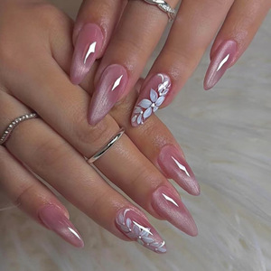 Faux ongles à presser Premium, longs, amande, rose, effet œil de chat, avec motifs feuille et fleur, scintillants, vente en gros - Product Image 1