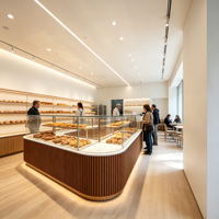 Hochwertige Multifunktionale Bäckerei-Brotvitrine LED Luxuriöse Gebogene Holz-Aluminium-Vitrine Kommerzielle Einzelhandels-Ausstellungsvitrine