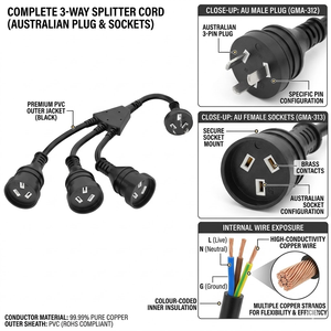 <span class=keywords><strong>Cable</strong></span> de Alimentación Divisor en Y de 3 Vías, Longitud Personalizada, 1.0mm2 1.5mm2, Certificado SAA, Cobre Puro AS/NZS 3112, con Conector IEC Hembra - Product Image 4