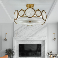 Plafonnier moderne à deux niveaux circulaire en albâtre naturel |   Lustre LED en laiton doré pour salon et villa