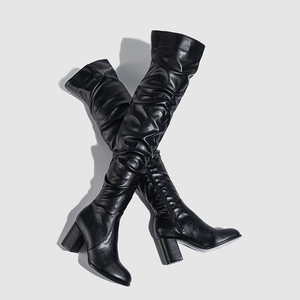 Ruffle Pleated PU Leather Over the Knee Boots Long Boots Thick <b>Block</b> High Heel Botas De Mujer Autumn Winter Boots 35-42 - Product Image 4