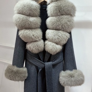 New Autumn Cashmere <b>Wool</b> Blends Women Natural Removable Fox Fur Collar Lace up Loose Double-sided Woolen Fleece Jacket with Belt - Product Image 3