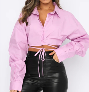 S-XXL Yazlık Uzun Kollu Kısa Bol Düz Renkli Hırka Bağcıklı Yaka Tek Göğüslü Şehir Stili Günlük Moda Gömlek - Product Image 1
