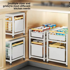 Organizador bajo fregadero de 2 niveles con cajones extraíbles, estante de almacenamiento deslizante, cajones de malla metálica con tiradores de madera y metal - Product Image 3