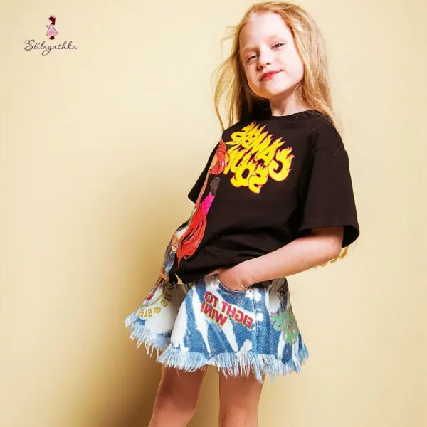 Stilnyashka D-angel Tshirt 24-4 Fashion Children's Clothing Luxury Summer Black Cool Girl Clothing White Kids Girls T-shirt