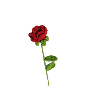 钩针人造花玫瑰植物花束情人节礼物婚礼装饰手工茎玫瑰成品
