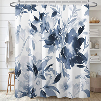 Rideau de douche moderne bleu floral aquarelle avec anneaux, en tissu polyester, imperméable et résistant à la moisissure