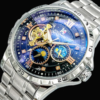 AOKULASIC 5016 Skelett-Herrenuhr Automatik Leuchtende Mechanische Uhr Edelstahlarmband Wasserdichte Armbanduhr Tourbillon