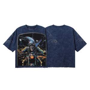 <span class=keywords><strong>T</strong></span>-<span class=keywords><strong>shirt</strong></span> da uomo di alta qualità, oversize, stile streetwear gotico, con stampa scheletro e fulmini, effetto lavato - Product Image 2