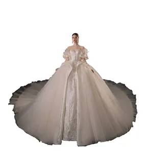 Luxury Off White Ball Gown Bridal Satin Heavy Embroidery Custom Made Bridal Shop Supplier Direct Wholesaler of Wedding Gowns