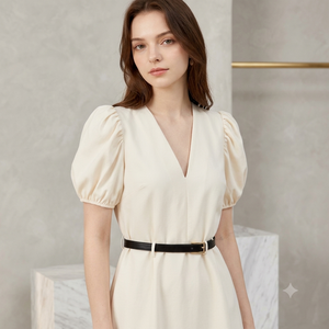 Wholesale V-Neck <b>Puff</b> Sleeve Midi Dress With Belt A-Line Casual Woven Solid Color Spring Dress - Product Image 1