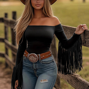 Abito da <span class=keywords><strong>donna</strong></span> in poliestere con scollo a V irregolare, stile bohémien <span class=keywords><strong>rock</strong></span>, con volant, retrò, stile western, per feste e festival, collezione autunnale - Product Image 1