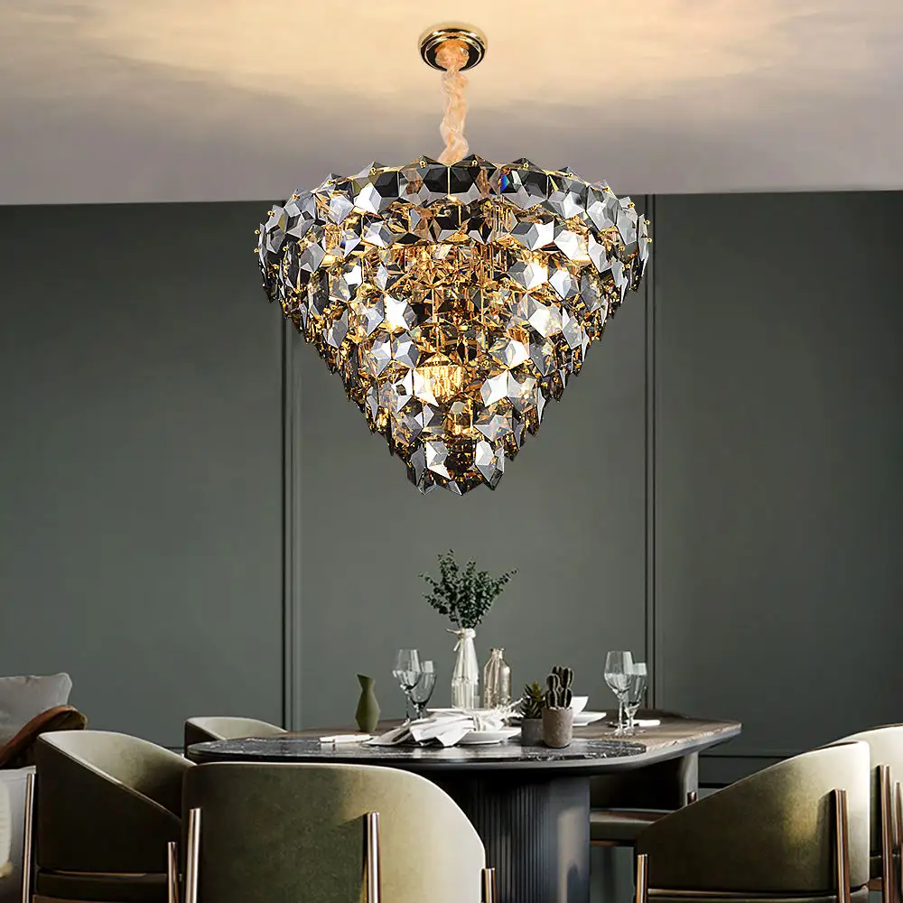 Klassieke Gelaagde Rokerige Kristallen Hanglamp Gepolijst Nikkel Frame Zwarte Kroonluchter Kroonluchter Lamp Voor Restaurant Eetkamer