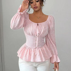 เสื้อเชิ้ตสไตล์ฝรั่งเศสลายดอกไม้สุดเซ็กซี่ประจำฤดูใบไม้ผลิปี 2026 ดีไซน์ใหม่ โดดเด่นมีสไตล์ เหมาะสำหรับใส่ไปทำงาน ช่วงเอวเข้ารูป คอรูปตัวยู แต่งเชือกผูก แขนยาว - Product Image 1