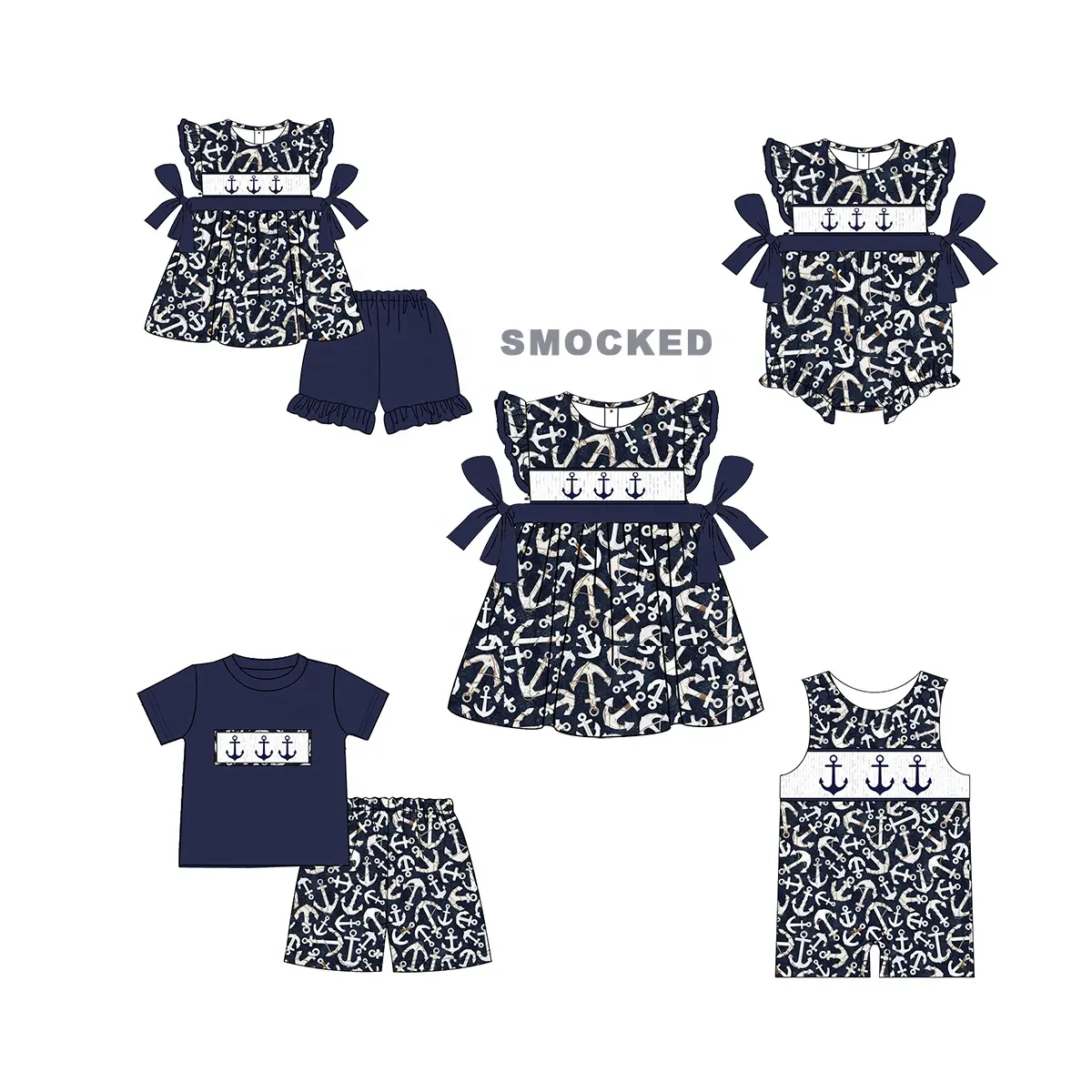 Puresun custom smocked children clothing high quality kids wear anchor patterns little girl clothing baby outfit set