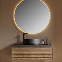 Ensemble de meuble-lavabo mural moderne en bois massif texturé, personnalisé, avec lavabo intégré et miroir LED, pour projets d'appartements et d'hôtels