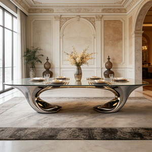 <span class=keywords><strong>Table</strong></span> à manger ovale de luxe en fibre de verre, base sculptée et polie, moderne, 8 places, écologique, pour appartement et hôtel - Product Image 4