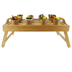 Plateau de service de lit en rotin bambou portable avec poignées pour table de plateau de lit de petit déjeuner avec pieds pliables - Product Image 2