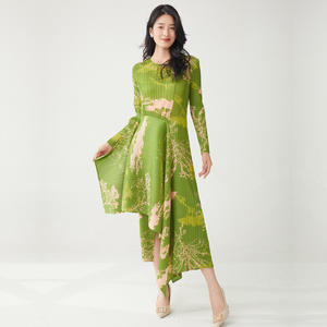 Vestido Plisado con Lazos Tejidos en Verde y Rosa PY para Mujer, Texturizado, Casual, Elegante, con Dobladillo Irregular, Midi, Lavable, Ropa de Verano - Product Image 1