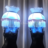 Coiffe LED avec abat-jour, pompon, perles et plumes pour carnaval, défilé, club, bar, spectacle, fête, performance, accessoire de costume