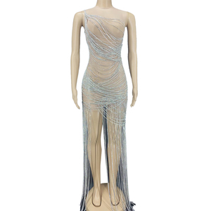 De luxe Sans Manches Transparent Strass Franges Robe De Soirée Performances Usure des Femmes Sexy Club Party De Bal Robe Plus La Taille - Product Image 1