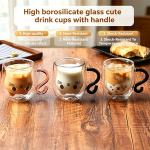 Accessoires pour boissons : Tasses à café, thé, lait en <span class=keywords><strong>verre</strong></span> borosilicate à double paroi, avec poignée en forme <span class=keywords><strong>de</strong></span> <span class=keywords><strong>queue</strong></span> <span class=keywords><strong>de</strong></span> chat mignonne, résistantes à la chaleur et isolées - Product Image 1