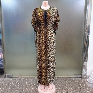 Thời Trang Phong Cách Giản Dị Crew Cổ Băng Lụ<span class=keywords><strong>a</strong></span> Ngắn Tay Áo Folkloric Đồ Họ<span class=keywords><strong>a</strong></span> Pompom Phụ Nữ Châu Phi Abaya <span class=keywords><strong>Leopard</strong></span> Kaftan Dress - Product Image 2