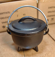 Petit pot à frire en fonte avec couvercle et poignée de transport, pré-culotté, noir, à trois pieds, type Potjie