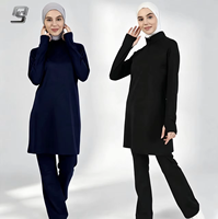 Ensemble de sport modeste deux pièces OEM personnalisé pour femme – Col montant, manches longues, pantalon large, séchage rapide, respirant – Idéal pour le yoga et la gym