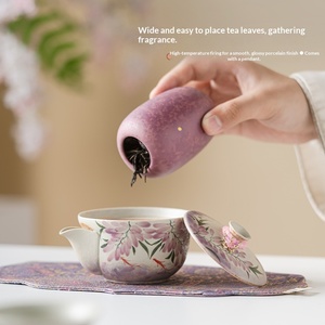 Taza de té de cerámica pintada a mano con diseño de flor de glicinia, juego de té Kung Fu retro con bolsa práctica, taza y tetera individuales, juego de té con diseño de loto. - Product Image 3