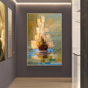 Hiện đại trừu tượng vải nghệ thuật thuyền trong màu xanh lá cây biển thuyền buồm sơn dầu cho hành lang - Product Image 6