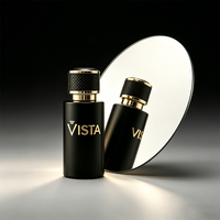 Flacon de parfum miniature de luxe personnalisé en verre noir, imprimé à l'écran, avec pompe estampée or métallique, option logo personnalisé, 30 ml, marque VISTA