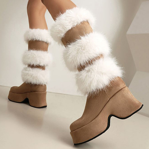 Botas de plataforma altas de piel sintética para mujer, con tacón de cuña, forro de peluche, hasta la rodilla, de ante, gruesas y peludas, para invierno y nieve. - Product Image 4