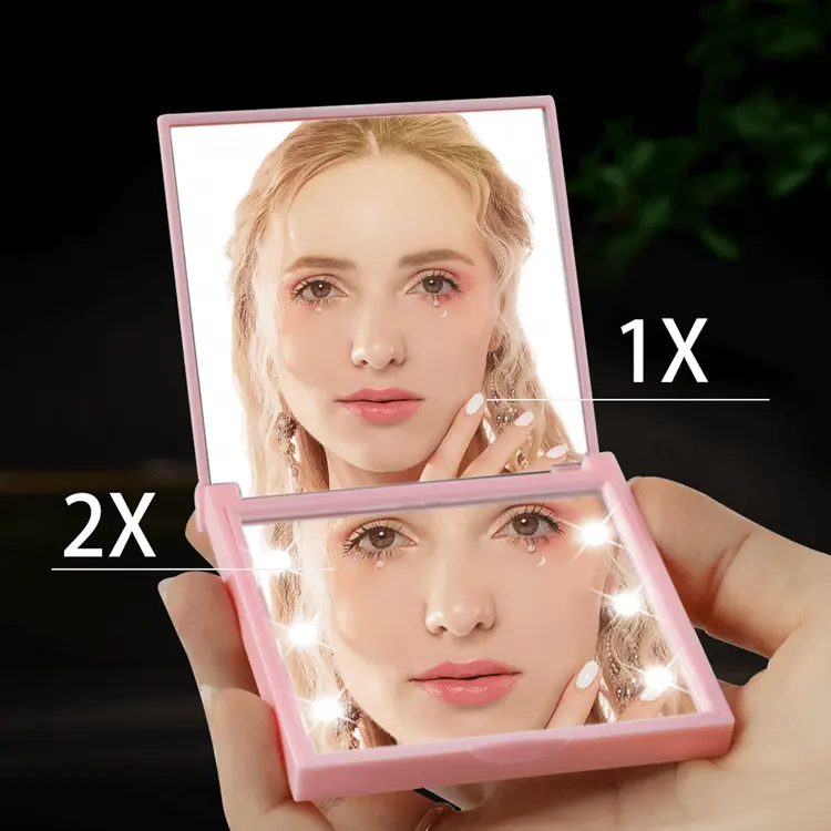 Factory Oem Odm Popular Gift Pink White 1x 2x Magnifying Folding Pocket Portable Led Light Compact Vanity Makeup Mirror