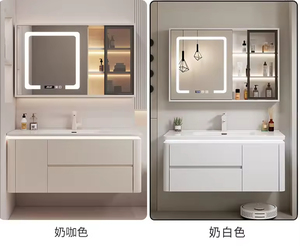 Mueble de Baño Moderno de Madera Suspendido en la Pared, Color <span class=keywords><strong>Blanco</strong></span> Crema, de 70-120 cm, con Lavabo de Cerámica Integrado y Espejo con Gabinete LED Inteligente - Product Image 5