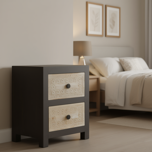 Comodino in Legno di Mango Massiccio Grigio con 2 Cassetti, Mobile Moderno Rustico per Camera da Letto, Fatto a Mano - Product Image 2