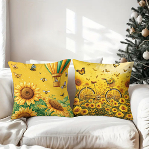Bantal dekoratif bertema bunga matahari dengan desain balon udara, sepeda, kincir angin, dan bianglala - Product Image 3