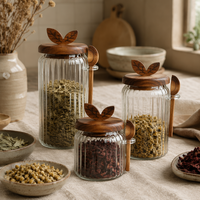 Bocaux de rangement en verre borosilicate en gros, plusieurs tailles, avec couvercle en bambou côtelé, hermétiques, pour cuisine, café et bonbons