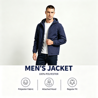 Veste décontractée d'extérieur pour homme en polyester, bleu marine, à capuche zippée avec cordon de serrage, fermeture éclair sur le devant, poches à main, poignets et ourlet élastiques