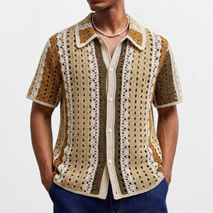 Camisa de Manga Corta de Viscosa Antiarrugas Personalizada Oscar, Tejido Jacquard a Rayas de Moda, Cuello Solapa Estilo Retro, Corte ODM - Product Image 1