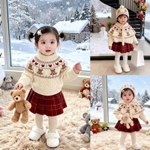 Girls Christmas Cartoon Sweater Set With Hat Thick Knit Plaid Skirt Cotton Two Piece Outfit - Product Image 4