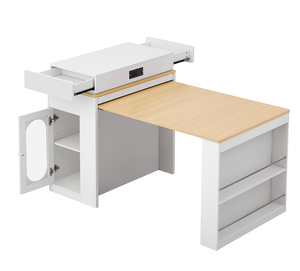 Modern Kitchen <b>Island</b> Extendable Solid Dining <b>Table</b> MDF Panel Double-sided Storage 2 Drawers Power Outlet Side Shelves - Product Image 5