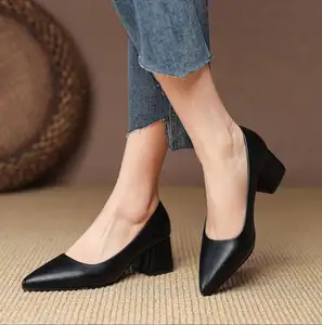 point toe Spring New Arrivals leather Pumps Block Chunky Heels Elegant Ladies Office Formal Dress Shoes For Women