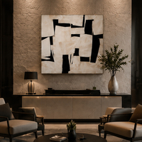 Peinture à l'huile abstraite peinte à la main, art géométrique noir et blanc sur toile, taille personnalisée, fournisseur en gros pour hôtels et maisons
