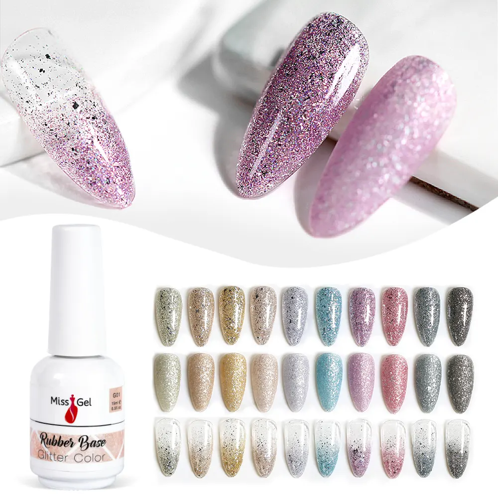 Großhandel Custom Private Label 10 Glitter Farbe Basis lack UV Gel Polish Nail Primer Gummi Basis Gel