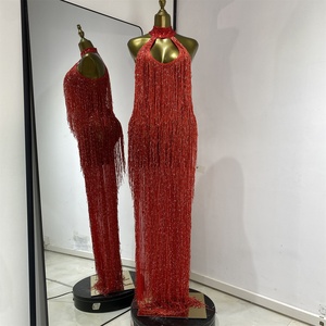Robe longue ajourée à strass et franges pour femme, idéale pour chanteuse, mannequin, défilé ou soirée - Product Image 1